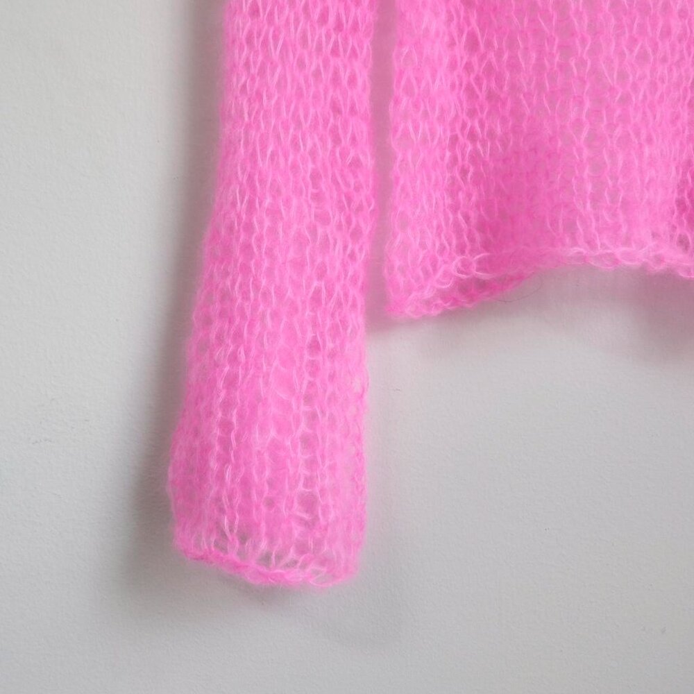 Handmade neon pink mohair open knit mesh sweater Size S - Picture 3 of 3